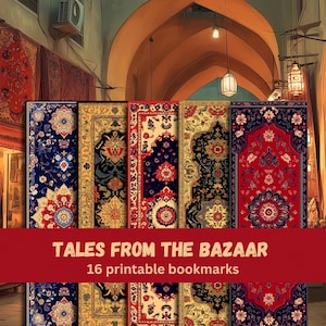 Könnte beinhalten: Ein Set mit 16 druckbaren Lesezeichen mit farbenfrohen, kunstvollen Designs, inspiriert von traditionellen orientalischen Teppichen. Die Lesezeichen tragen den Titel "Tales From The Bazaar".