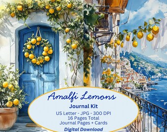 May include: Watercolor illustration of a blue door adorned with a lemon wreath, surrounded by lemon trees. The image features the text "Amalfi Lemons Journal Kit" and a coastal Italian town in the background. Digital download.