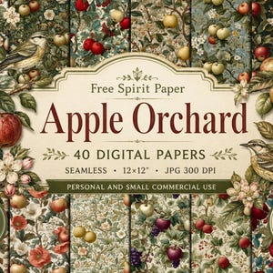 May include: A collection of 40 digital papers titled Free Spirit Paper Apple Orchard, featuring seamless patterns of apples, blossoms, and birds. Each file is 12x12 inches at 300 DPI, presented in a grid layout with text overlays indicating the contents.