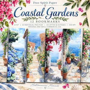 May include: A set of 12 digital bookmarks titled Coastal Gardens by Free Spirit Paper. The designs feature watercolor illustrations of Mediterranean coastal paths, stone stairways, blue seas, terracotta pots, and vibrant pink and blue flowers.