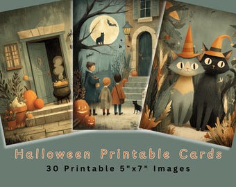 May include: Set of three Halloween-themed printable cards. The cards feature illustrations of a house with pumpkins, children trick-or-treating, and two cats wearing witch hats. The text "Halloween Printable Cards" and "30 Printable 5"x7" Images" is displayed.
