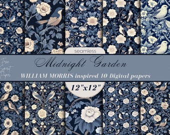 Midnight Garden- William Morris style Digital Scrapbook 12”x12” Seamless Paper Pack, 10 designs Paper Instant Download Junk Journal Paper