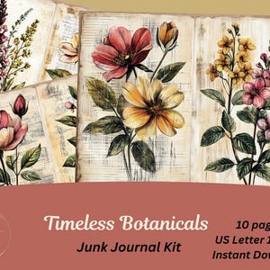 Timeless Botanicals – Kit de diario vintage floral, 10 páginas imprimibles, paquete de papel botánico, tamaño carta (EE. UU.)