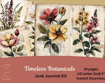 Może przedstawiać: Zestaw stron dziennika o tematyce botanicznej z akwarelowymi ilustracjami różnych kwiatów i liści. Strony mają wygląd vintage z postarzanym tłem w stylu drewna. Zestaw zawiera 10 stron, format US Letter, około 28 x 22 cm.