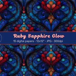 Puede incluir: Paquete de papel digital con un patrón repetitivo de vidrieras en tonos azules, rojos y naranjas. El diseño incluye elementos florales y geométricos. El texto "Ruby Sapphire Glow" se muestra en una pancarta azul oscuro.