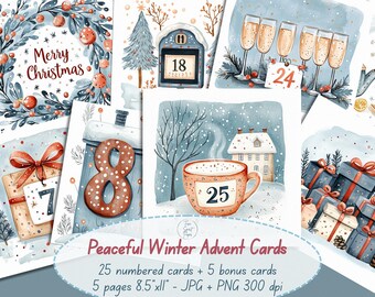 Peaceful Winter Advent Cards Printable | 25 Numbered + 5 Bonus | Watercolor Countdown | PNG JPG 8.5x11" 300 DPI