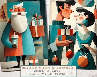Jeu de cartes de Noël modernes Mid-Century | 20 cartes imprimables rétro des Fêtes |   décoration de Noël vintage de l'ère atomique | 20 cartes 5 x 7 et A6