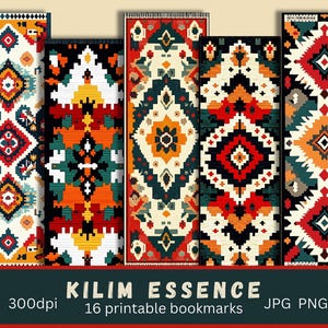 Könnte beinhalten: Sechs farbenfrohe Lesezeichen-Designs mit geometrischen Mustern in Rot, Orange, Gelb, Grün, Blau und Schwarz. Die Lesezeichen sind mit "Kilim Essence" und "16 druckbare Lesezeichen" beschriftet.