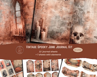 Vintage Spooky Junk Journal Kit, Halloween Printable Ephemera, Scrapbook Paper, Antique Gothic Backgrounds, Pockets, Envelopes, Cards