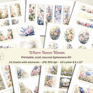 Where Roses Bloom Junk Journal Ephemera Kit – Pockets, Tags, Cards, Circles, Ovals – Vintage Floral Watercolor, US Letter JPG