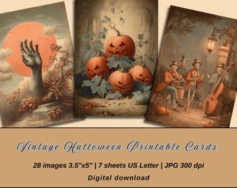 Vintage Halloween Printable Cards – 28 Spooky Ephemera Images, Junk Journal Kit, Scrapbook Paper, 300 dpi JPG US Letter
