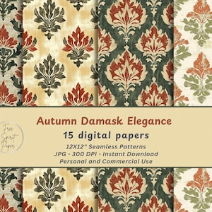 Autumn Damask Digital Paper, Vintage Fall Seamless Patterns, 12x12 JPG 300DPI, Rustic Scrapbooking, Junk Journal Backgrounds