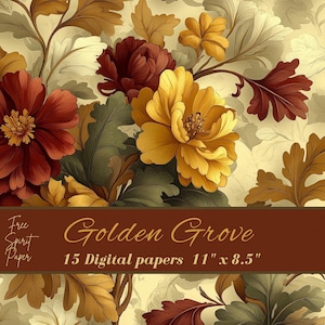 Puede incluir: Un paquete de papel digital con un diseño floral con flores y hojas rojas, amarillas y verdes. El texto "Golden Grove 15 Digital Papers 11" x 8.5" se muestra en una pancarta marrón.