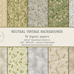 Puede incluir: Una colección de 18 papeles digitales con fondos vintage neutros. La imagen muestra varios patrones sin costuras, incluyendo diseños florales y texturizados en tonos beige, verde y gris. El texto dice "Neutral Vintage Backgrounds".