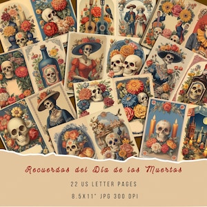 Retro Día de los Muertos Journal Pages, Vintage Mexican Scrapbook Paper, Printable Junk Journal Kit, Skull Art Ephemera