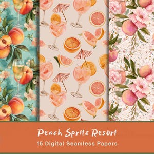 Könnte beinhalten: Drei digitale nahtlose Papiere mit Aquarellillustrationen. Die Designs zeigen Pfirsiche, Cocktails mit Orangenscheiben und Schirmen sowie Blumenarrangements. Der Text "Peach Spritz Resort" und "15 Digital Seamless Papers" wird unten angezeigt.
