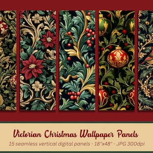 May include: Five vertical panels with Victorian Christmas designs. The panels feature ornate patterns with Christmas ornaments, poinsettias, berries, and birds. The panels are 18" x 48" each. The text at the bottom reads "Victorian Christmas Wallpaper Panels".