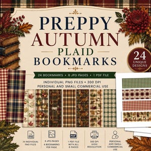 May include: A digital collection of 24 printable bookmarks featuring autumn-themed plaid patterns, fall foliage, and harvest motifs. The set includes individual PNG files, 6 JPG pages, and 1 PDF file, all presented with text labels on a plaid background.
