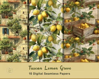 Tuscan Lemon Grove Digital Paper Pack | 15 Printable Lemon Patterns | Italian Scrapbook Paper | Mediterranean Junk Journal Paper