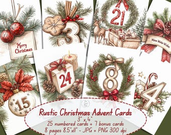Rustic Christmas Advent Cards Printable, 25 Numbered + 7 Bonus Cards, Holiday Countdown Set, JPG PNG 300 DPI
