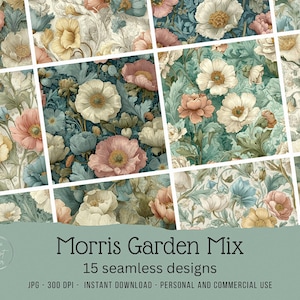 May include: A collage of 15 seamless floral designs in a variety of colors, including pink, yellow, and blue. The designs feature detailed illustrations of flowers and foliage. The text "Morris Garden Mix" and "15 seamless designs" is visible.