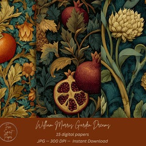 May include: Digital papers featuring a William Morris-inspired floral design. The image showcases a repeating pattern of pomegranates, flowers, and foliage in shades of orange, green, and gold. The text "William Morris Garden Dreams" is included.