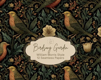 May include: A William Morris style seamless paper design. It features birds with yellow heads and orange chests, set against a dark background with green foliage and cream-colored flowers. The text "Birdsong Garden" is displayed. The design includes 12 seamless papers.