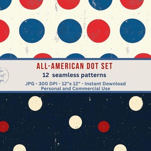 All-American Polka Dot Digital Paper – Red White Blue Dots – Patriotic 4th of July Scrapbook Textures – 12 JPGs 12x12" 300 dpi