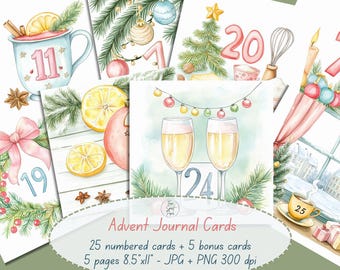 Advent Calendar Journal Cards | Printable Christmas Countdown | Cozy Watercolor Ephemera for Junk Journal, DIY Crafts, Scrapbooking
