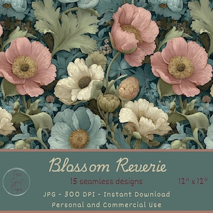 May include: A seamless floral design featuring large pink, white, and blue flowers with yellow centers, set against a dark teal background. The design includes the text "Blossom Reverie" and the dimensions 12" x 12".