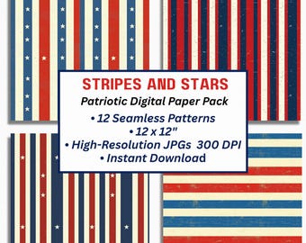 Patriotic Stars and Stripes Digital Paper – Red White Blue 4th of July Backgrounds – 12 Seamless JPGs 12x12 in – Instant Download