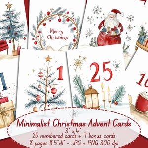 May include: Watercolor Christmas advent cards with numbers 1, 9, 10, 21, 23, and 25. The cards feature festive illustrations of a Christmas tree, Santa Claus, gifts, and a cozy armchair. The text "Merry Christmas" is also visible.
