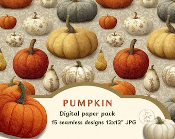 Pumpkin Digital Paper Pack – 15 Seamless Fall Patterns, Vintage Autumn Farmhouse  Backgrounds 12x12 JPG
