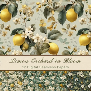 Könnte beinhalten: Ein digitales Papierset mit dem Titel Lemon Orchard in Bloom, das 12 nahtlose Muster enthält. Die Designs zeigen gelbe Zitronen, weiße Blüten und grüne Blätter auf verschiedenen Hintergründen, darunter helles Salbei, Creme und Dunkelwaldgrün.