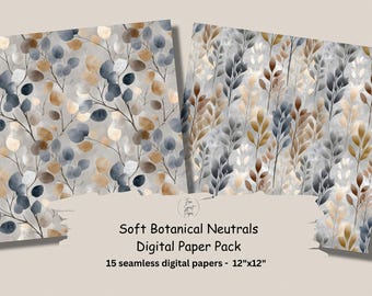 Zacht botanisch neutraal digitaal papier | Aquarel beige grijze naadloze achtergronden 12 x 12 | Beige grijze bloemen digitale achtergronden