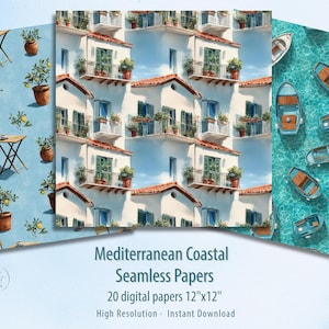 Könnte beinhalten: Digitale nahtlose Papiere mit mediterranen Küstenmotiven. Designs umfassen Zitronenbäume in Töpfen, weiße Gebäude mit roten Ziegeldächern und Boote auf türkisfarbenem Wasser. Die Papiere sind 30,48 cm x 30,48 cm groß.
