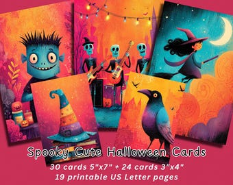 Spooky Cute Halloween Cards Set, Halloween Printable Cards Collection, 5x7 and 3x4 Digital Junk Journal Ephemera, Halloween Scrapbook Pages