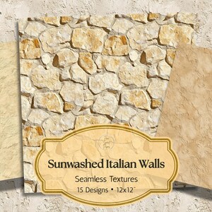 Puede incluir: Imagen que presenta tres texturas sin costuras: un muro de piedra, un muro beige texturizado y un muro beige claro. El texto "Sunwashed Italian Walls" se muestra en una etiqueta decorativa, junto con "Seamless Textures" y dimensiones de 30.48cm x 30.48cm.