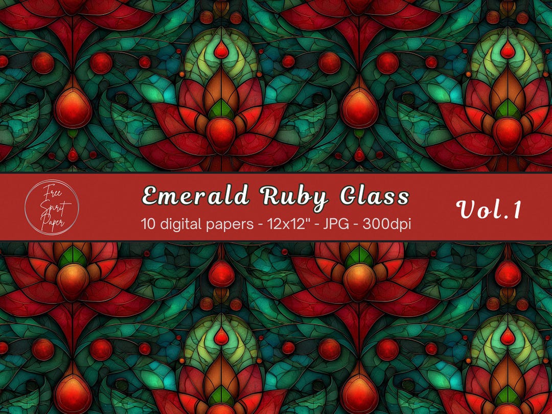Ruby Paper Screen Emerald Ruby Stained Glass Digital Paper, Green Red Seamless Patterns ...