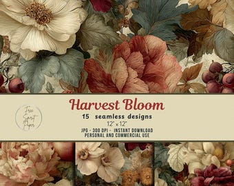 May include: Digital seamless designs titled "Harvest Bloom" featuring floral patterns in cream, burgundy, and peach tones. The designs are 12" x 12" and available for personal and commercial use. The image includes text that says "Free Spirit Paper".
