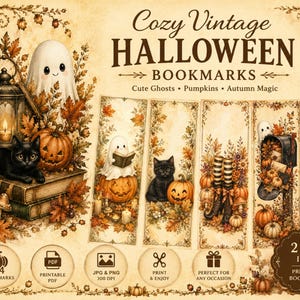 May include: A set of printable bookmarks featuring Halloween themes with ghosts, black cats, pumpkins, lanterns, and autumn leaves. The text reads Cozy Vintage HALLOWEEN BOOKMARKS, Cute Ghosts, Pumpkins, Autumn Magic, and 2 x 6 INCH.