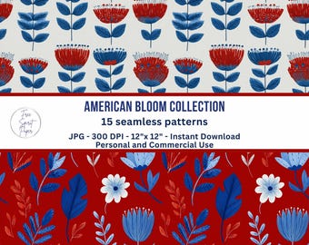 Colección American Bloom: Papel digital floral rojo, blanco y azul. Patrones patrióticos para scrapbooking y manualidades del 4 de julio y el Día de los Caídos.