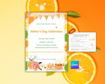 Mother's Day Picnic Invitation: Citrus Floral Design (Editable, Printable)