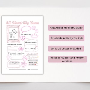 Alles über meine Mama/Mama Arbeitsblatt zum Muttertag, Geschenk für Kinder zum Muttertag, A4 und US Letter