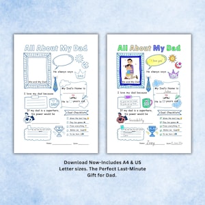 Hoja de trabajo imprimible "Todo sobre mi papá", actividad infantil para el Día del Padre, descarga instantánea, tamaño A4 y carta (EE. UU.), PDF digital, tarjeta DIY para el Día del Padre.