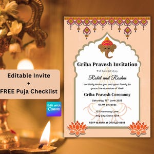 May include: An invitation for a Griha Pravesh ceremony, featuring a peach background with floral and elephant motifs. The text reads "Griha Pravesh Invitation" and includes details for the event on June 15, 2025. Includes the text "Editable Invite + FREE Puja Checklist".