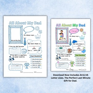 Hoja de trabajo imprimible "Todo sobre mi papá", actividad infantil para el Día del Padre, descarga instantánea, tamaño A4 y carta (EE. UU.), PDF digital, tarjeta DIY para el Día del Padre.