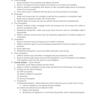 May include: A black and white document with the title "Freehold Transactions" and a list of steps involved in buying and selling property. The document includes information about pre-exchange, exchange, pre-completion, completion, post-completion, and caveat emptor.