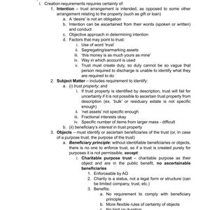 May include: A page from a legal textbook discussing the requirements for creating a valid trust. The text covers topics like intention, subject matter, and beneficiary principle.