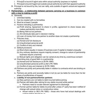 May include: A black and white text document with the title "Business Law & Practice". The document outlines the legal aspects of a principal/agent relationship and the legal definition of a partnership.